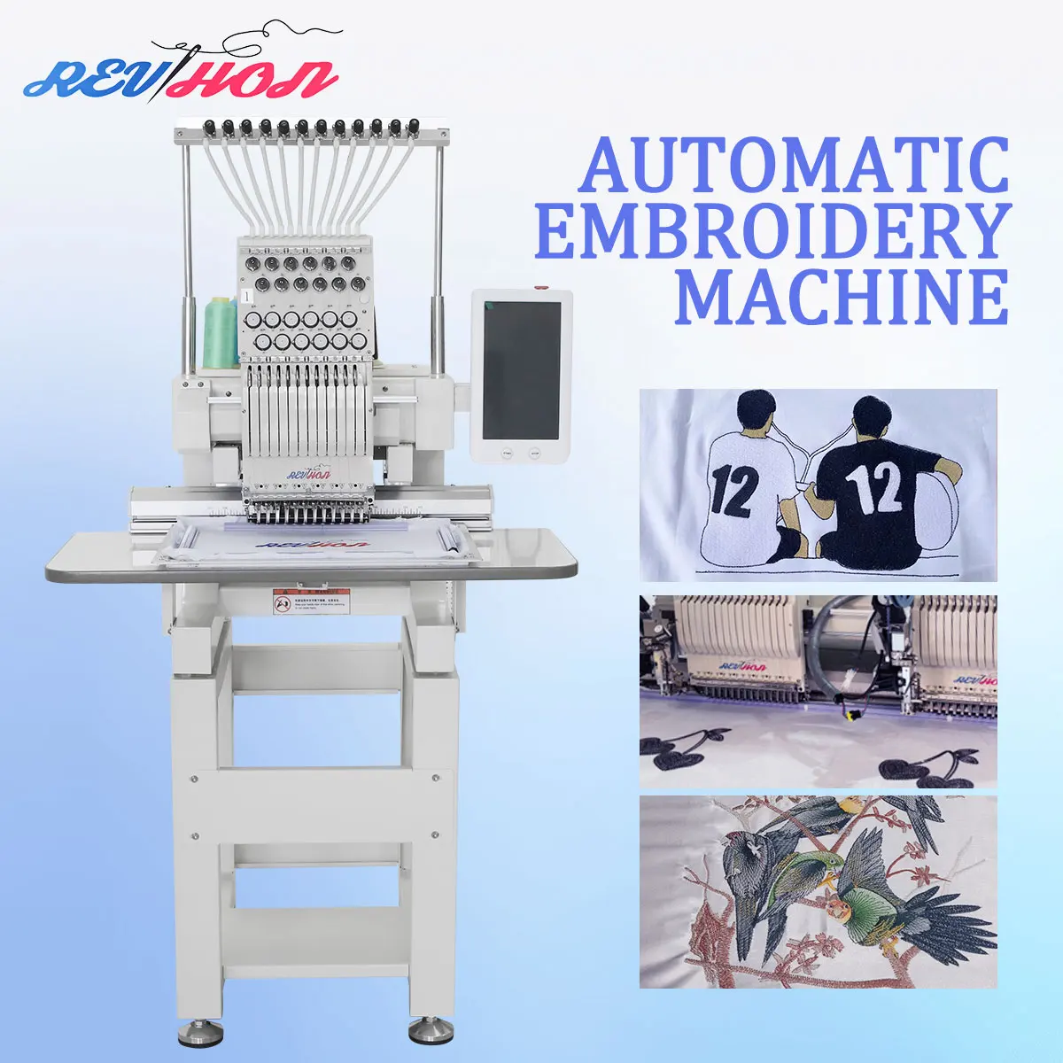 REVHON Single Head Computerized Embroidery Machine 12 Needle High Speed 1200RPM for Cap T-shirt Sweater Leather and so on