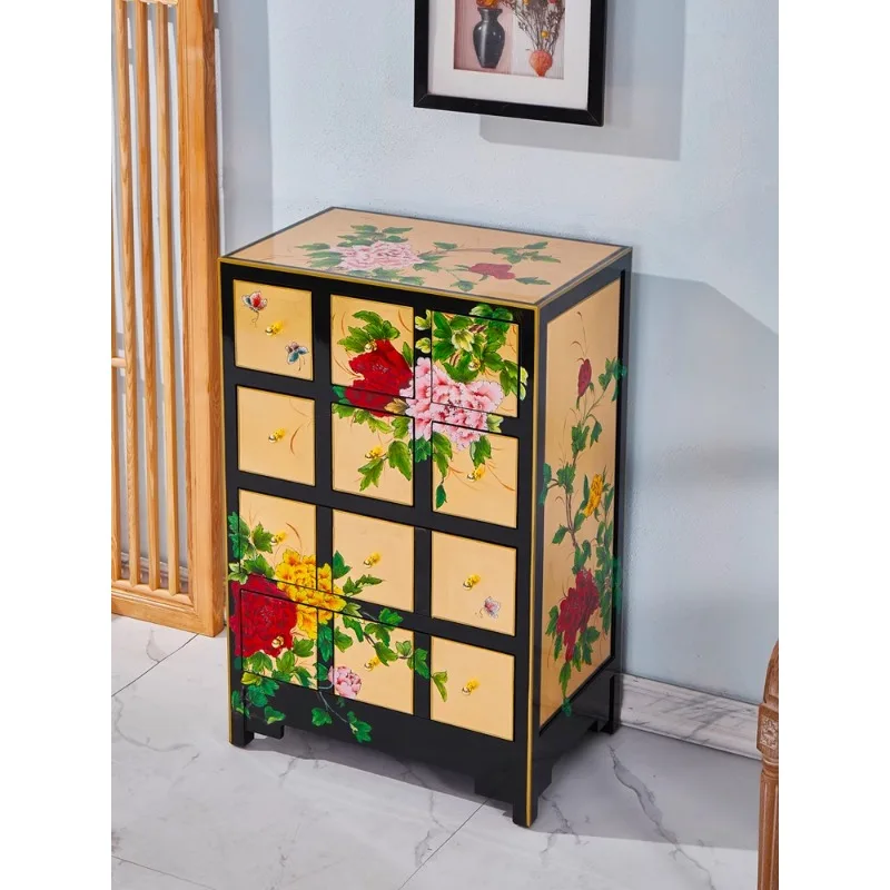 Chinese painted furniture clearance multi-drawer storage cabinet side cabinet chest bedroom bedside table retro gold foil cabine