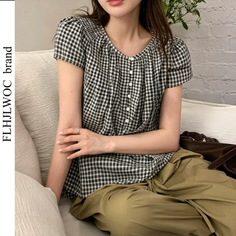 

Cotton Tops Blouses Cute Sweet Girls Japanese Style FLHJLWOC Summer Short Sleeve Retro Vintage Casual Plaid Shirts