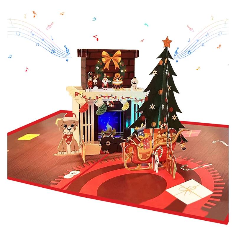 3D Christmas Fireplace Pop Up Christmas Card with LED Flash, Music Module, Message Note, Xmas Gift, Invitation, Blessing Card