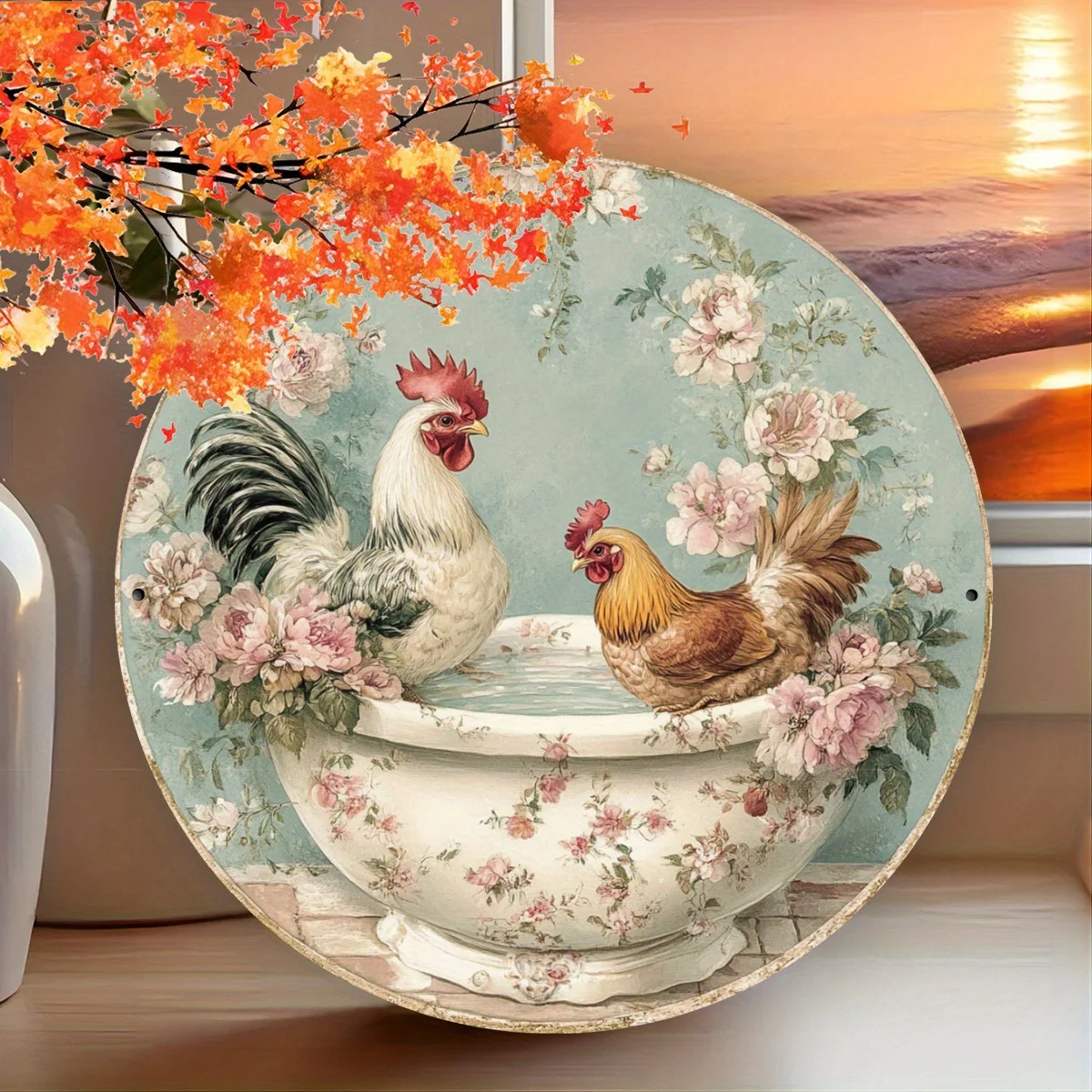مسطح ثنائي الأبعاد، قطعة واحدة، لافتة فنية جدارية معدنية مستديرة على شكل دجاجة ساحرة مع تصميم زهور - ديكور منزلي من الألومنيوم مقاس 8 × 8 بوصة للمقهى، Apar