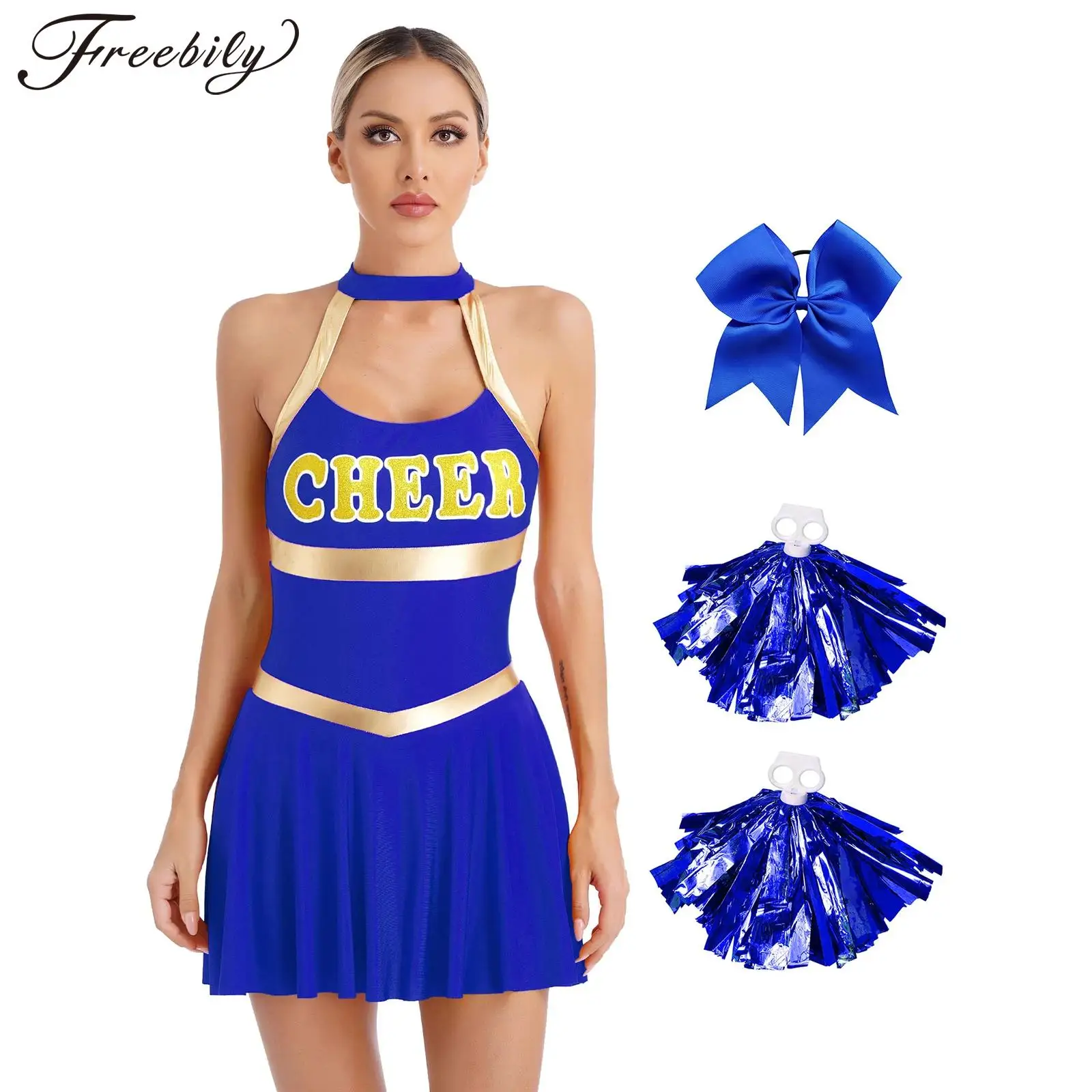 Women Cheerleading Dance Performance Costume Sleeveless Halter Dress with Hair Band Flower Balls Basketball Match Dancewear