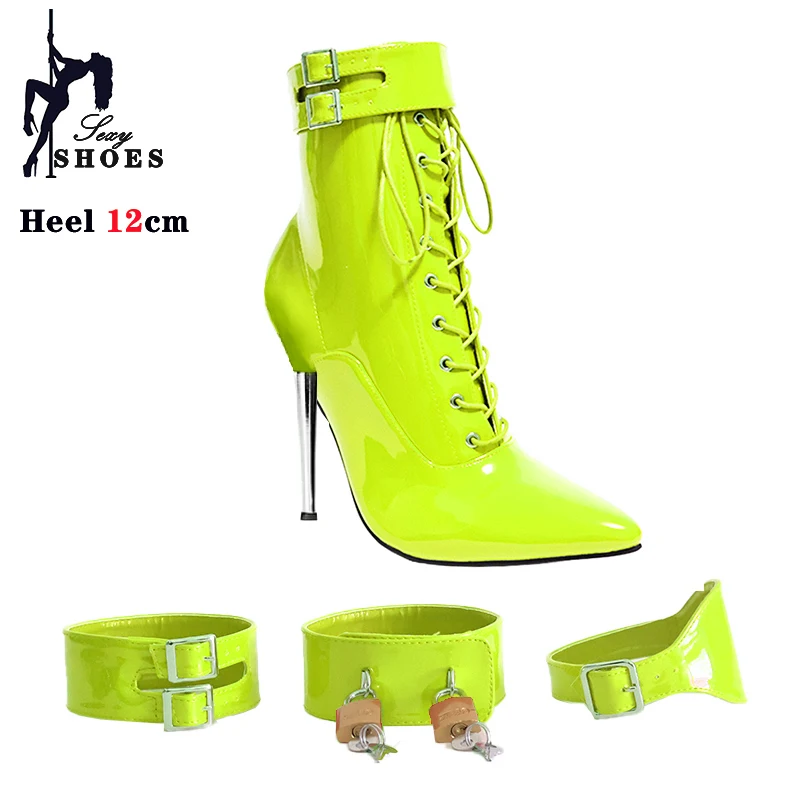 Voesnees Neue High Heel 12 cm Stileto Sexy Stiefeletten Spitz Zwei Abschließbare Vorhängeschlösser Frauen Schuhe T Zeigen Dünne High Heels plus Größe 6