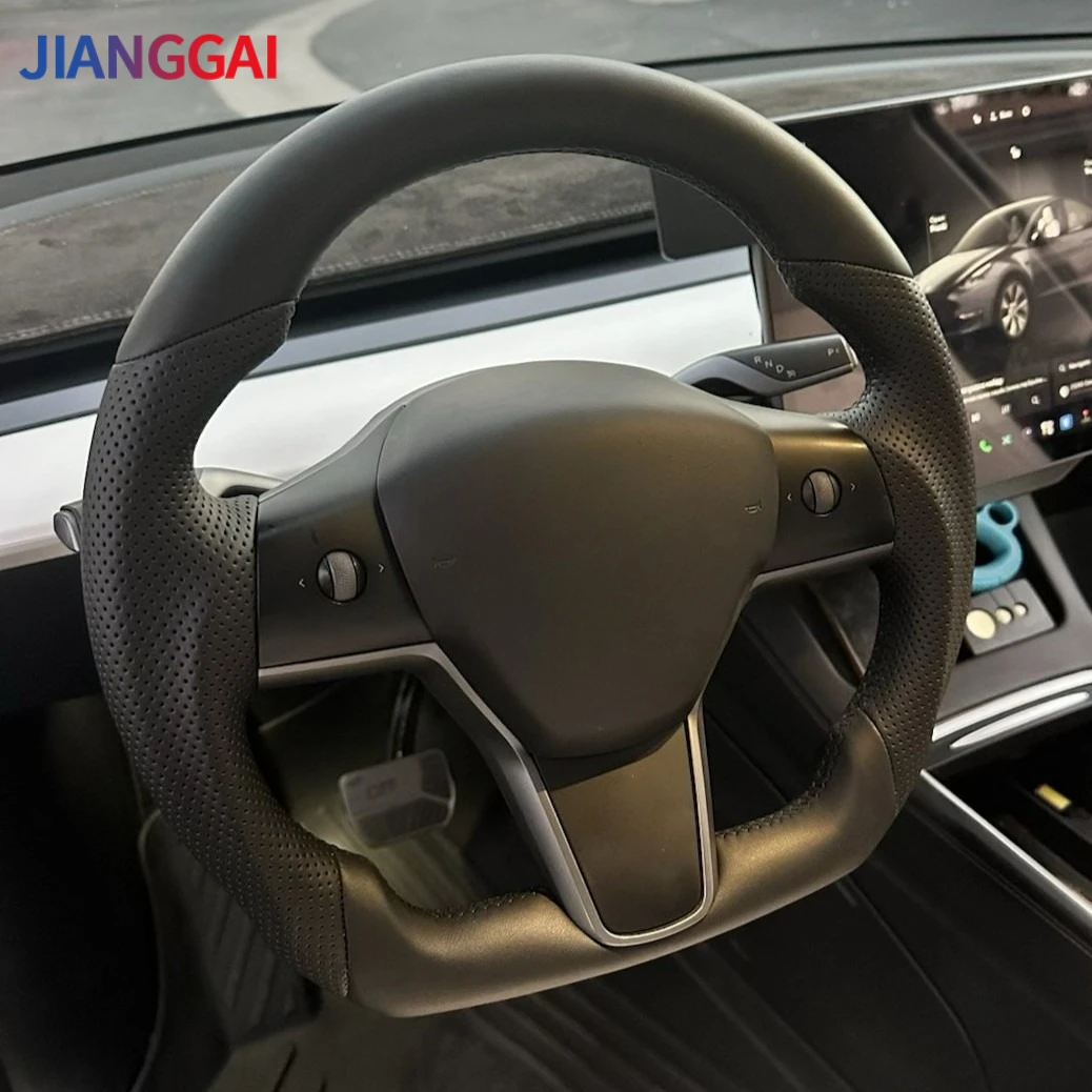 

Full Leather Steering Wheel For Tesla Model 3 Model Y 16-23 with Heated Black Perforated Leather Steering Wheel Car Accessories