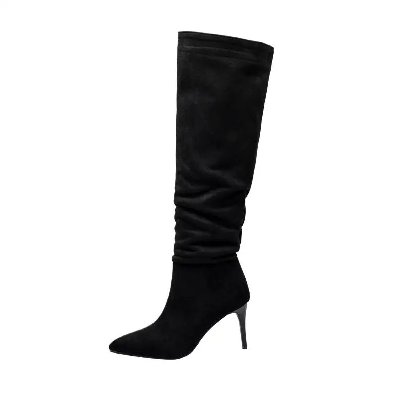 

ASILETO Fashion Women Knee High Boots Pointed Toe Thin Heels Flock Suede Pleated 46 47 48 Sexy Party Long Booties