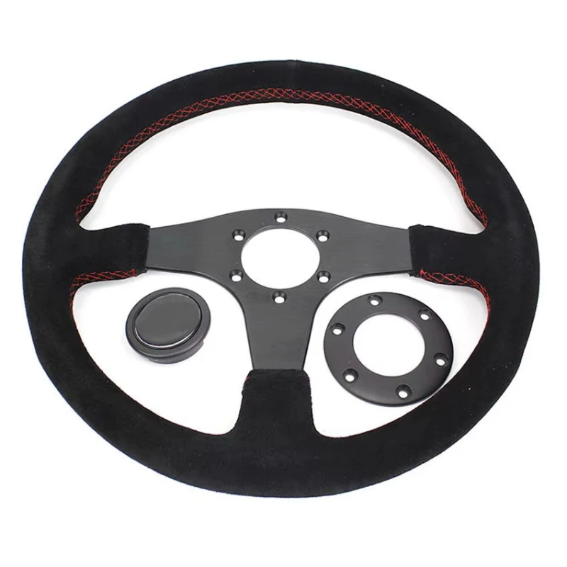 14 Inch Mugen Style Suede Flat Bottom Universal Racing Steering Wheel Car Modification Accessory