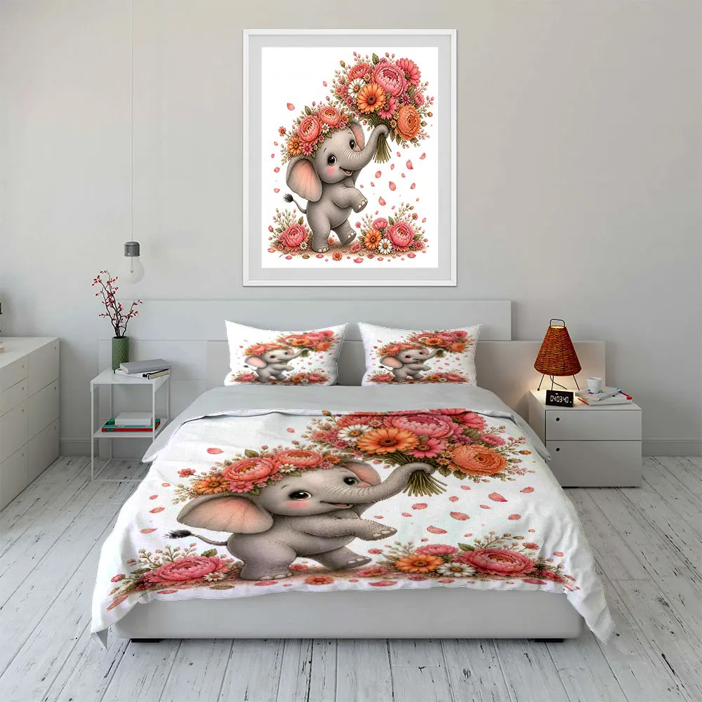 Cute elephant with bouquet Pattern Duvet Cover Set Digital Print Colorful Polyester Bedding with Zipper Closur for kids gifts
