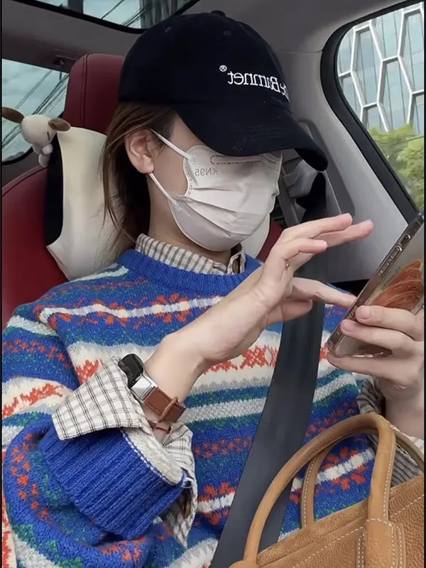 

Retro Design Thiened Lazy Sle Women's Knitted Sweater Blue Stripes Fair Isle Bear Fur Coat Autumn Winter Casual round Ne