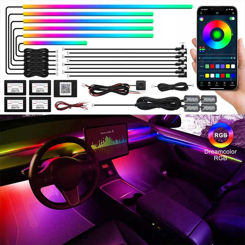 6 In1 Full Universal Symphony Car LED Ambient Lights Decoration Atmosphere Lamp 64 RGB Colorful Streamer Rainbow App Control