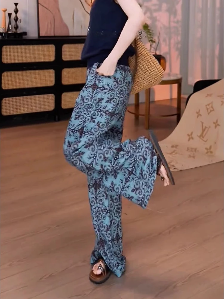 Pantaloni casual a gamba larga con gamba dritta stampata in stile europeo con lacci a vita alta, nuovi pantaloni estivi larghi e dimagranti