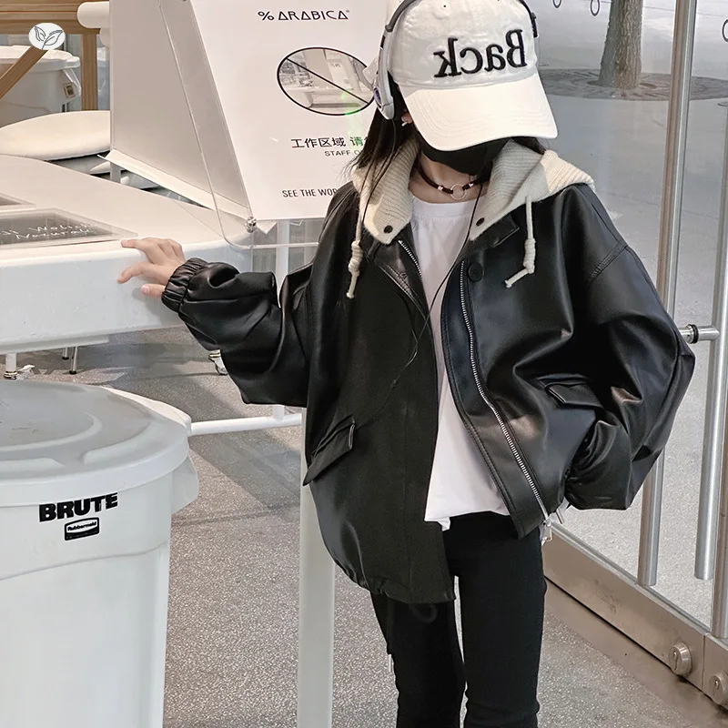 Girls Spring Jacket New Middle Big Kids Stylish Loose Spring Fall Leather Little Girl Versatile Hooded Motorcycle Jacket