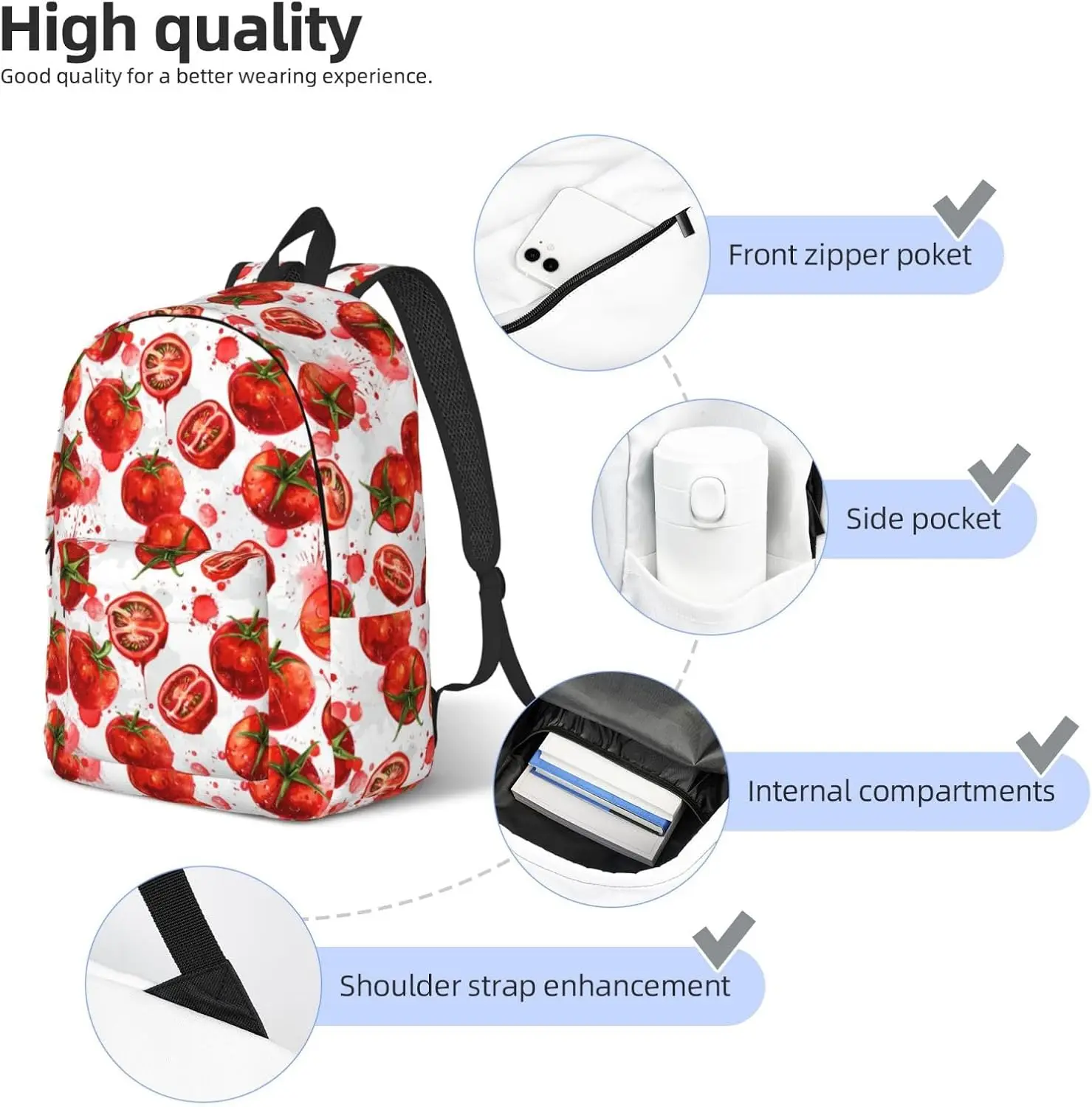 Tomato Print Lightweight Canvas Backpack, Backpack For Women Men Couples, Travel Laptop Bag