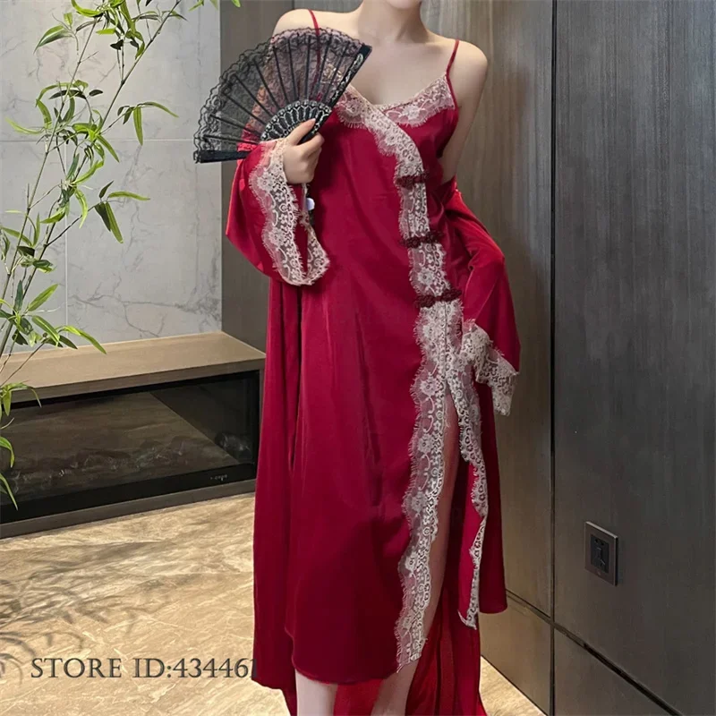 Women Sleepwear 2PCS Patchwork Lace Long Sleeve Belted Robe Nightgown V Neck Slip Night Dress Sexy Elegant Women Pajamas Sets - Image 6