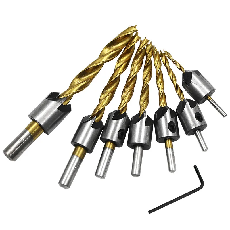 4/7pcs 3-10mm Titanium plated HSS 5 Flute Countersink Drill Bit Set Carpentry Reamer Woodworking Chamfer End Milling Hole Wood