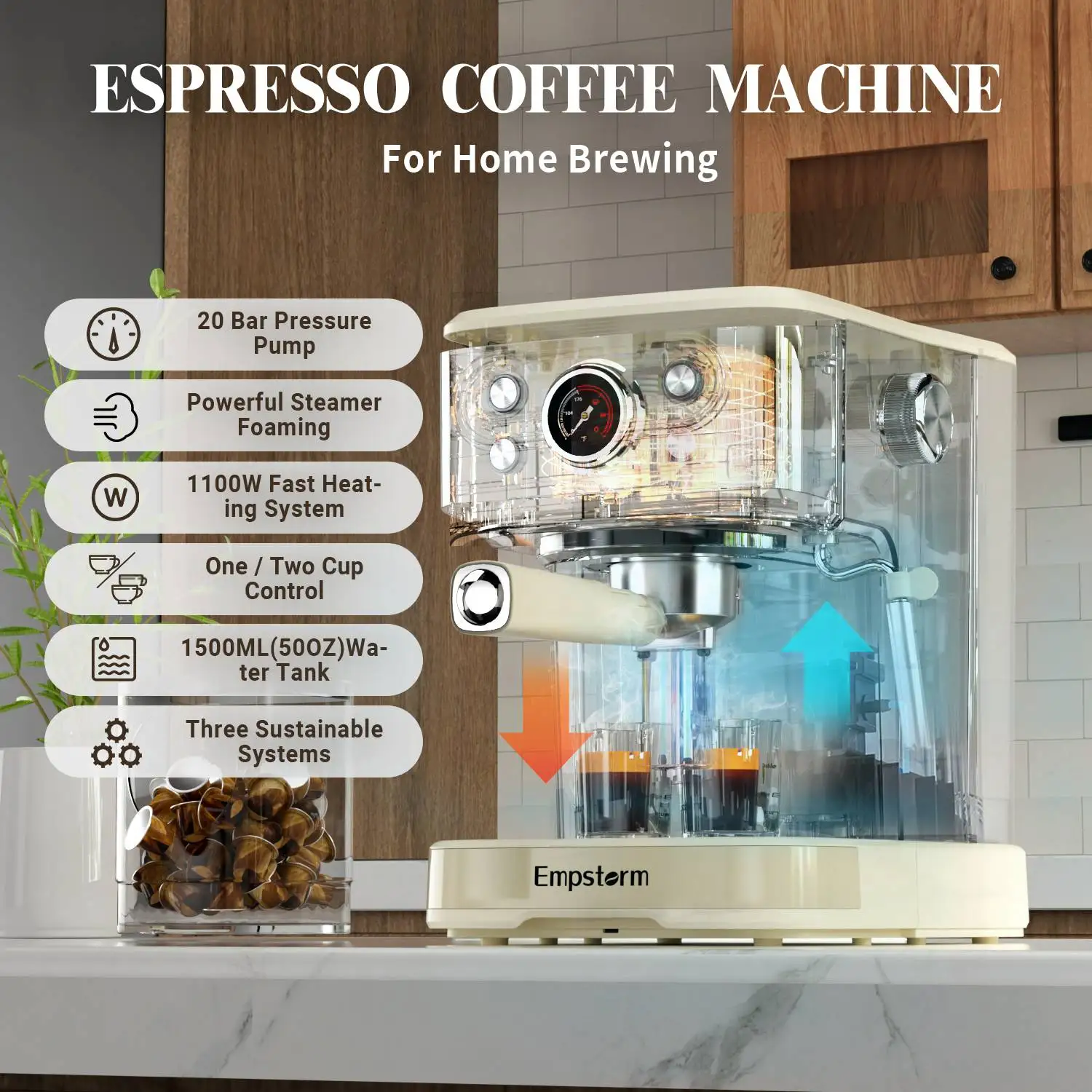 Empstorm 2024 mesin semi otomatis penggunaan rumah mesin kopi espresso 20 bar mesin cappuccino untuk penggunaan rumah