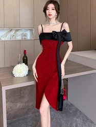 Red Patchwork Black Bow Chic Gala Dresses donna Summer Elegant Bodycon Sling abito Sexy 2024 abiti da sera per feste di lusso coreani