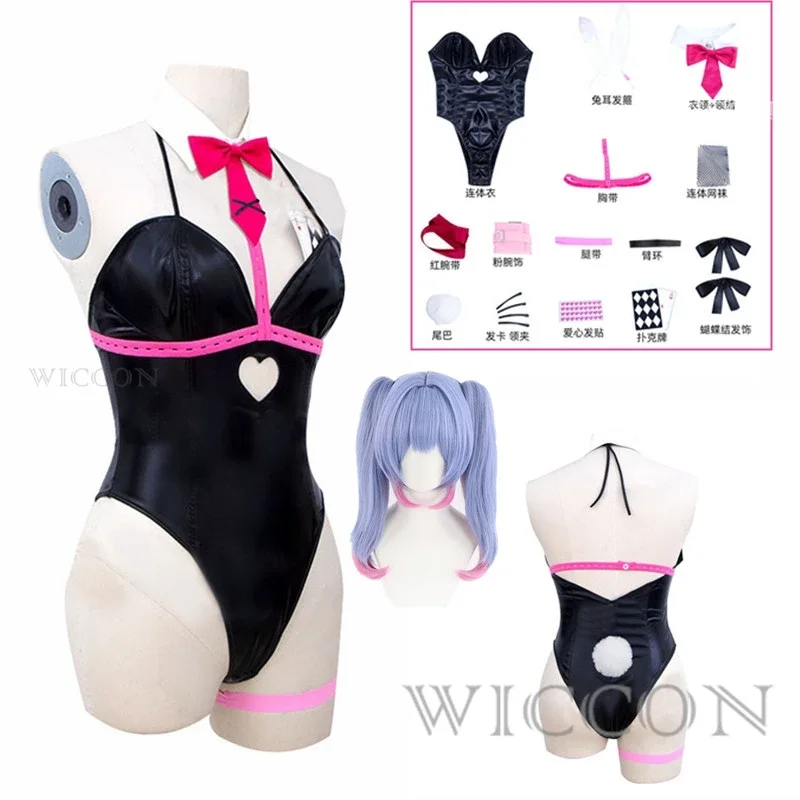 Disfraz de conejito de charol negro para niña, conjunto de ropa sexy y Linda para Halloween, peluca con tocados, accesorios