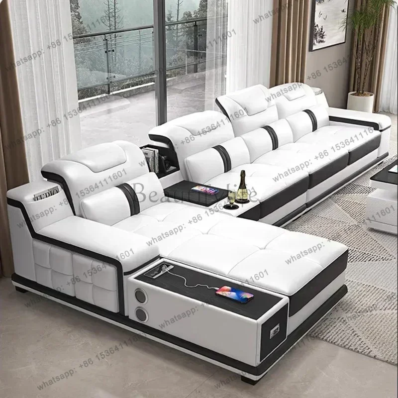 LSLuxury Italian Genuine Leather Sectional Sofa Set With Bluetooth Speaker And USB Ports Cow Leather Divano Living Room Furnitur