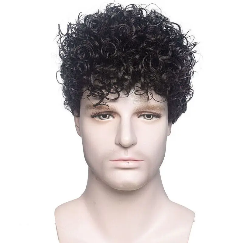 Perruque de cheveux synthétiques bouffants courts noirs pour hommes, perruques toupet, 6 po