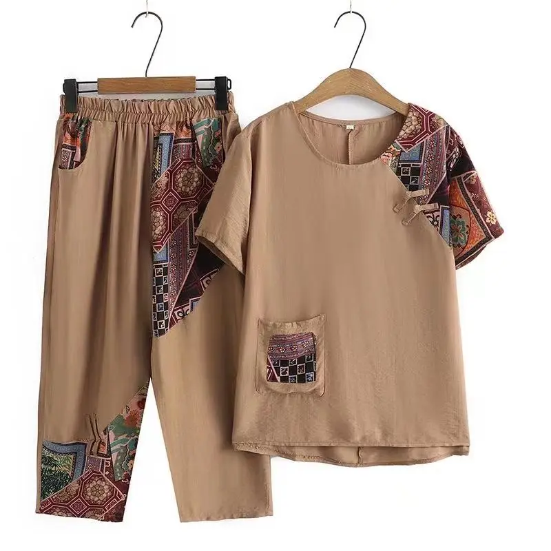 Women's Casual Suit Summer New Fashion Plus Size Clothing Loose Cotton Linen Short SleeveTops Harlan Cropped Pants Two Piece Set