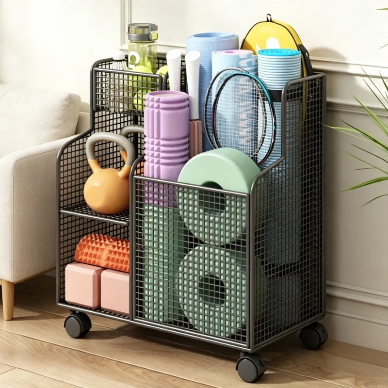 Rolling Mesh Storage Cart for Yoga Mats Fitness Equipment Sports Gear Organizer with Wheels