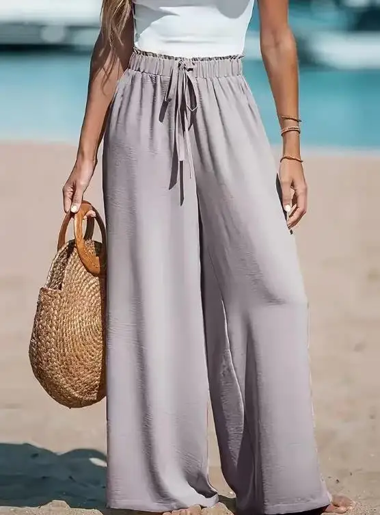 

Women's Polyester Casual Style Comfortable Solid Color Wide Leg Pants Female Clothing New Fashion 2026 Women High Waist Trousers
