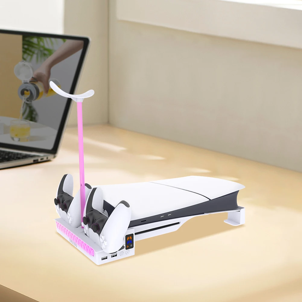 حامل أفقي مع حامل قاعدة شاحن وحدة التحكم لوحدة التحكم PS5 Slim لأقراص بلاي ستيشن 5 النحيفة والإصدارات الرقمية