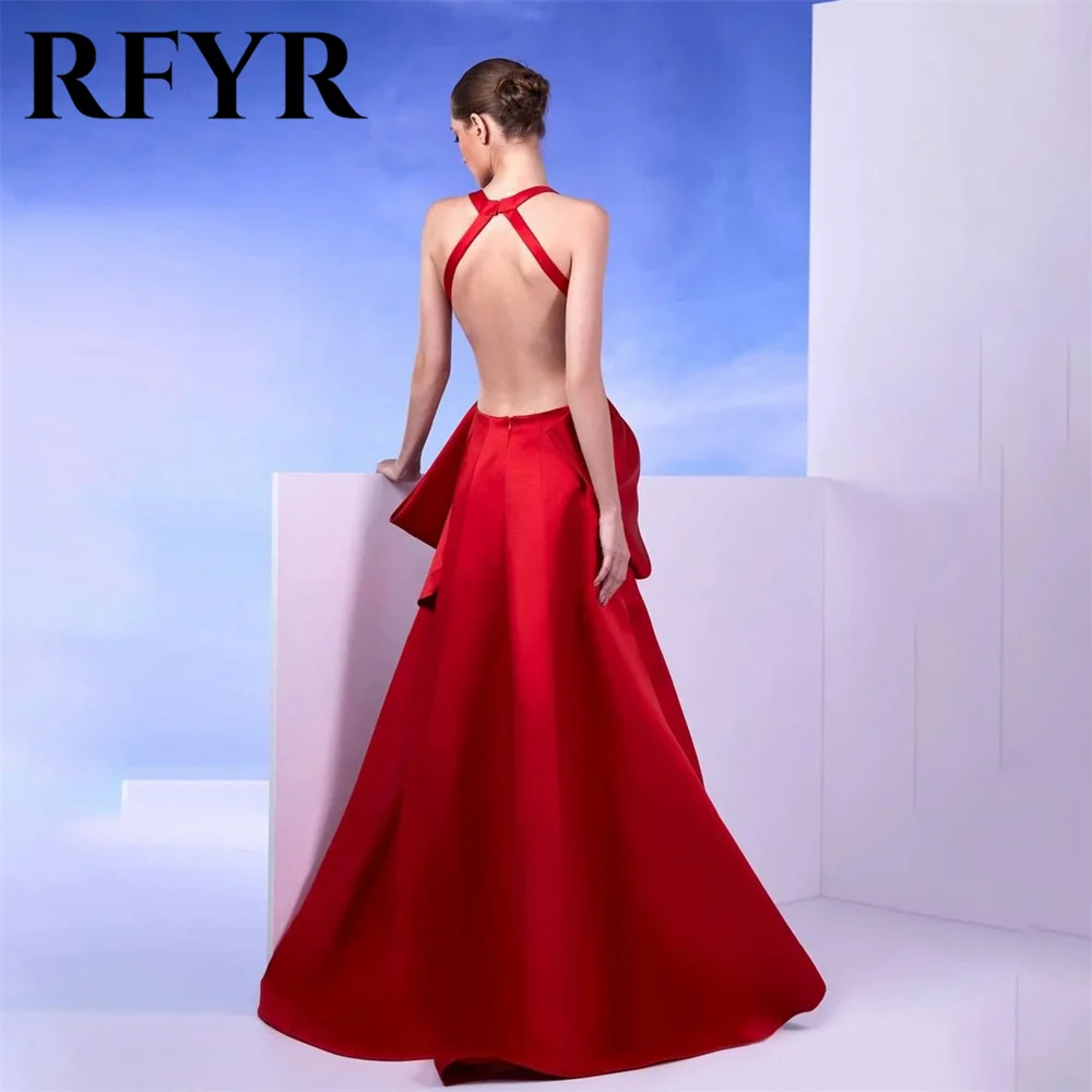 RFYR Red Stain Prom Dress Sleeveless V-Neck Party Dresses A Line Bow Celebrity Gowns Backless Wedding Party Dress فساتين سهرة