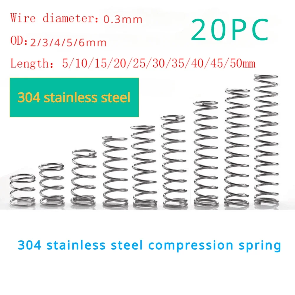 

20pcs/Lot 0.3mm Spring 304 Compression Spring Stainless Steel Micro Small OD 3/4/5/6/7/8/9/10/12mm Length 5mm To 50mm