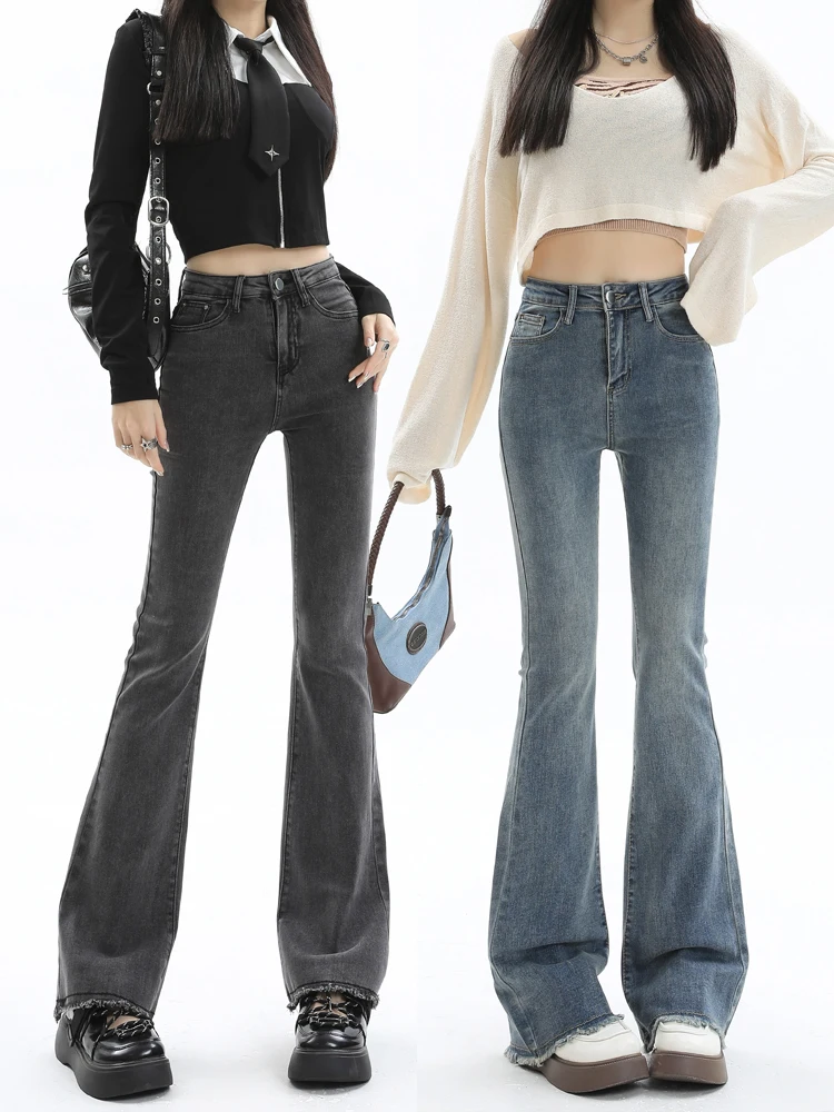 

Расклешенные джинсы с высокой талией, женские длинные леггинсы в стиле ретро в американском стиле для похудения, осенние хлопковые эластичные джинсовые брюки Bootcut