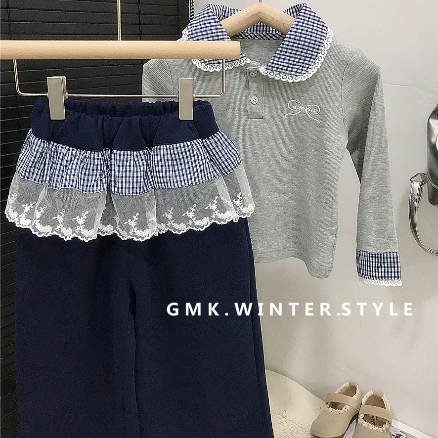 

Girls Suit 2025 Autumn and Winter New Children's Clothing Korean Style Girl Baby Plaid Bow Lapel Sweater Wide Leg Pants Two Sets