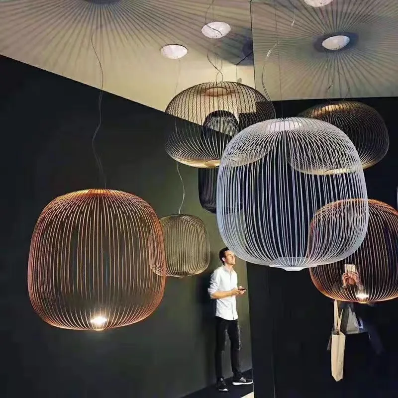 Nordic Foscarini szprychy żyrandol Art żelaza klatka dla ptaków LED kreatywny willa Lobby salon jadalnia Home Decor linie wisząca lampa