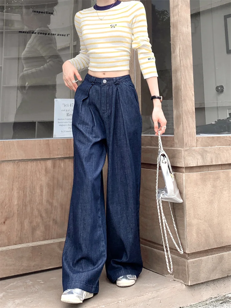 

Blue High Waist Pleated Denim Pants Women's Spring Elegantly Loose Slimming Drapey Long Trousers Lazy Style Cotton Jeans