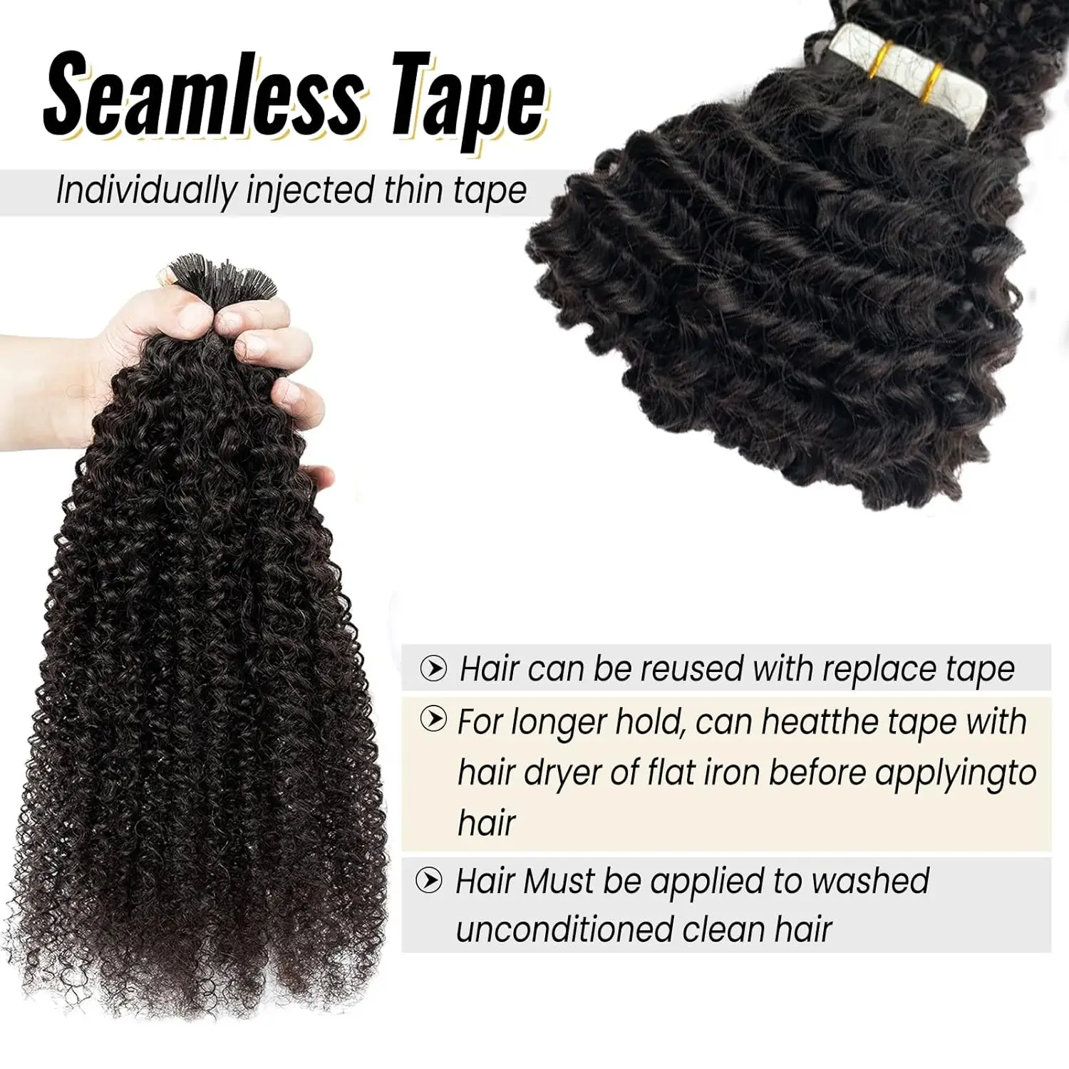 Afro Kinky Curly Tape in Human Hair Extension 26Inch Invisible Seamless Skin Weft Tape ins 50g 20pcs Black Color #1B 3C 4A Type