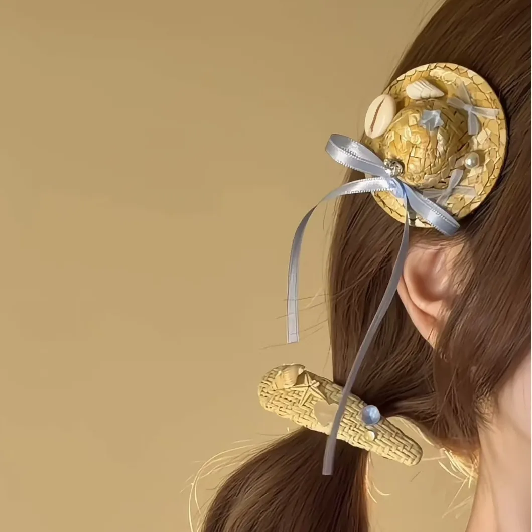 Nouvelle pince à cheveux en forme de coquillage en paille, style vacances à la mer, avec nœud mignon, pour fille et femme, type bec de canard.