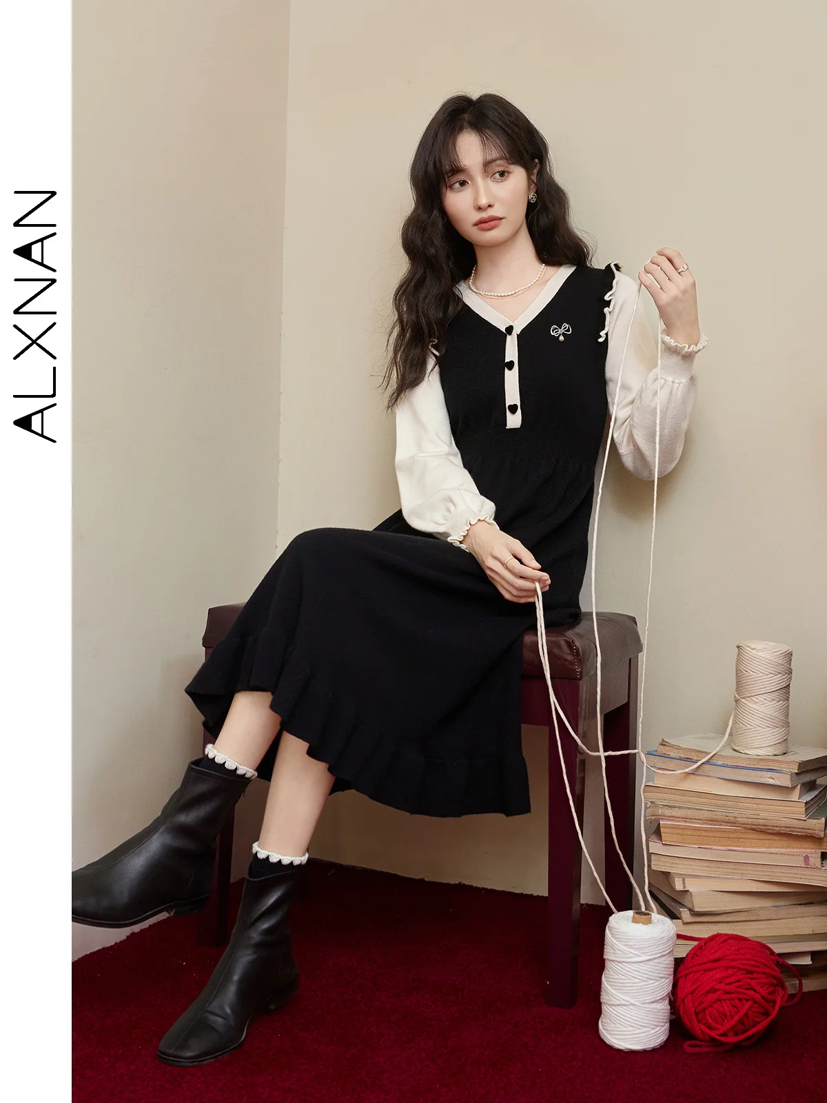 ALXNAN Women\'s Elegant Slimming Dress Trendy Fake 2 Piece Patchwork A-line V-neck 2024 Autumn Female Commuter Midi Dress L50612