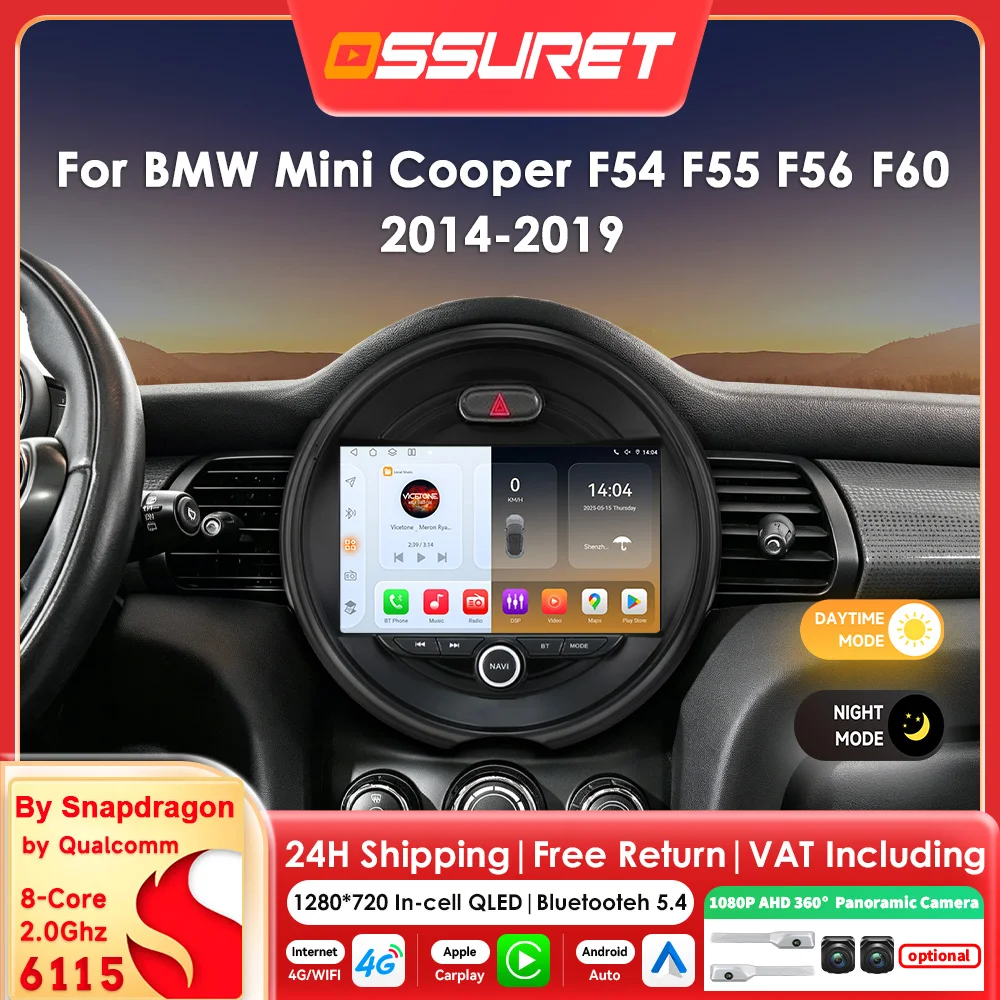 OSSURET Autoradio wireless da 9 pollici con Carplay e Android Auto per BMW Mini Cooper F54F55 F56 F60 2014-2019, lettore multimediale video, navigator