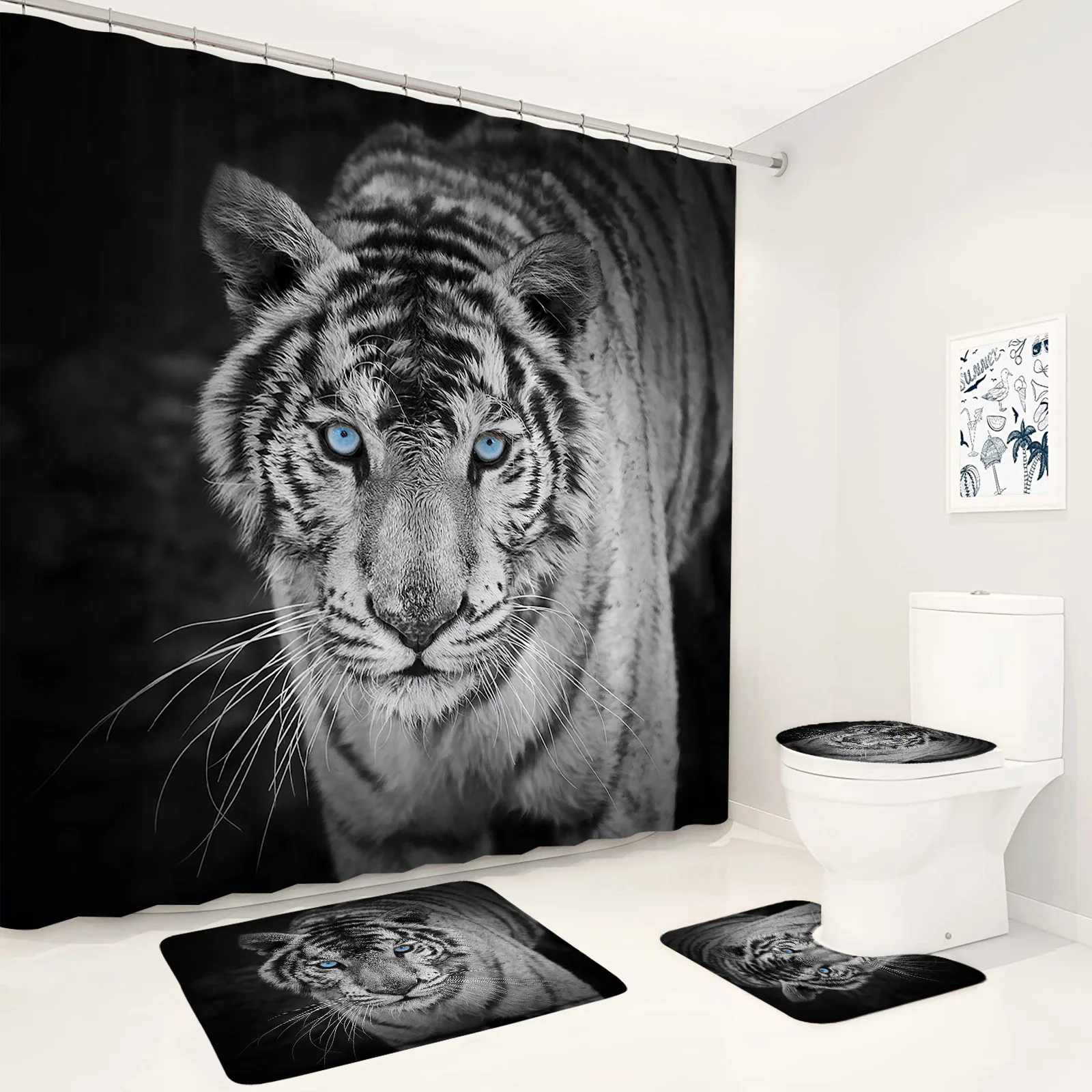 Nero bianco tigre tenda da doccia Set animale selvatico Gazing Modern Home bagno Decor tappeto tappeto antiscivolo tappetino da bagno coperchio del water