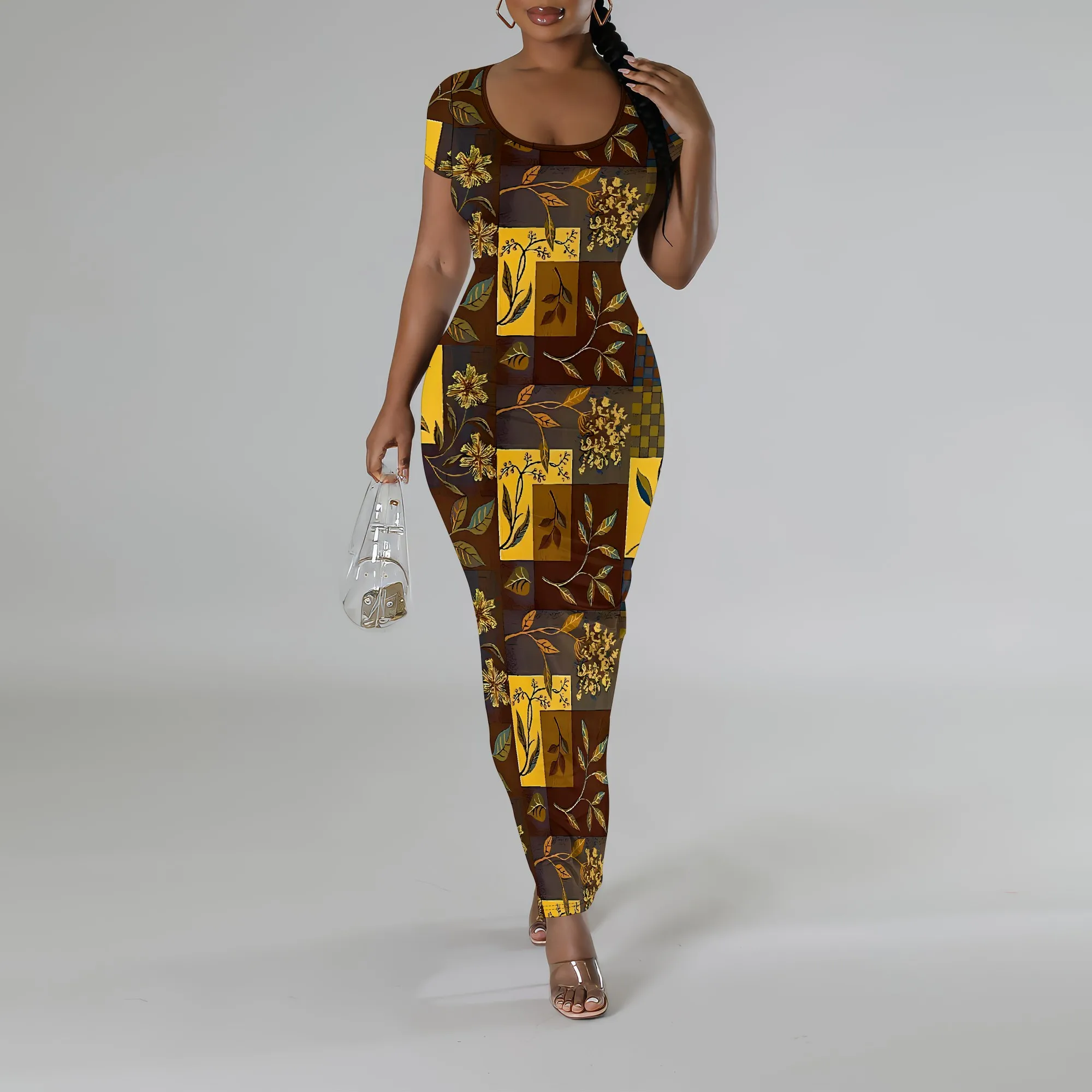 

Nupusa Brown & Yellow Patchwork Floral Print Bodycon Dress for Women Regular Size Summer Casual Square Neck Short Sleeve Dress