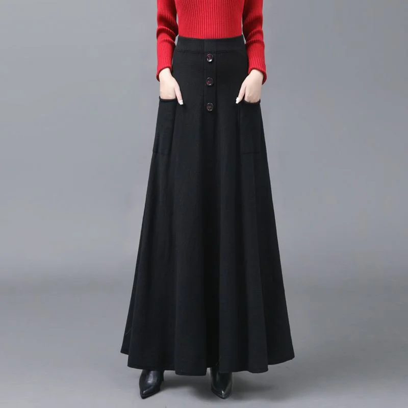 

Удлиненная трикотажная шерстяная юбка, весна-осень, модная универсальная юбка с карманом, юбка с большим подолом, длинная юбка