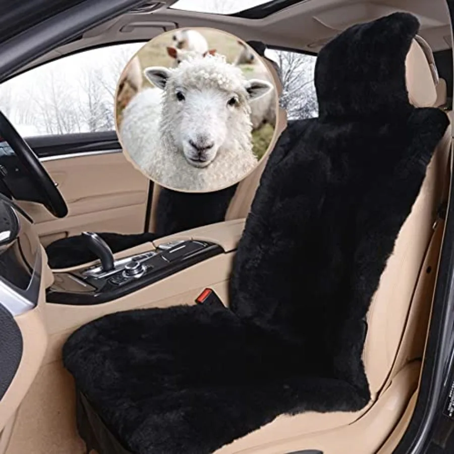 

Real Genuine Sheepskin Seat Covers for Cars SUV Trucks Van RV Front Seats Black Universal Fuzzy Fleece Fur Automotive Seat Cove