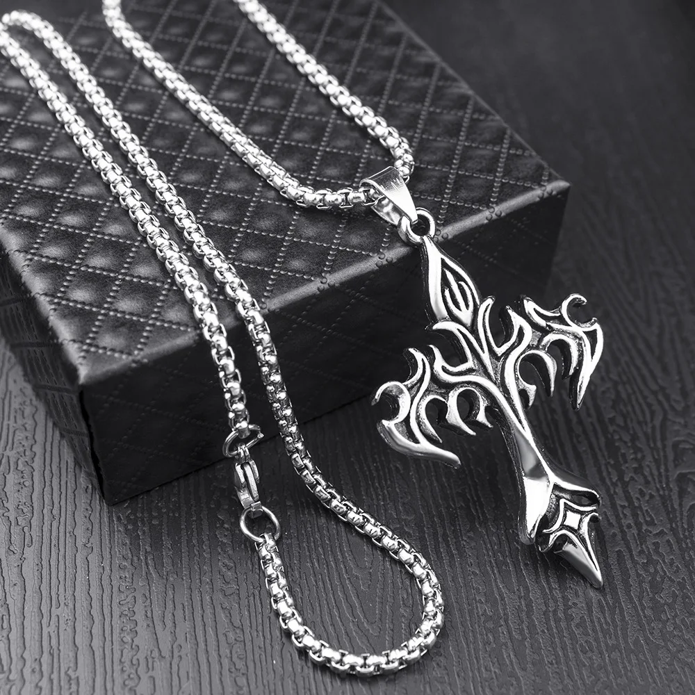 Cross border new flame retro cross necklace men's pendant necklace niche fashion accessory