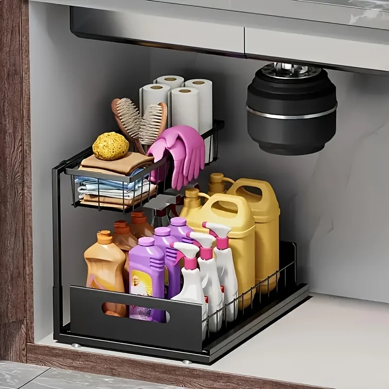 2-Tier Deluxe Under Sink Organizer - Pull-Out Cabinet Storage Shelves with Smooth Slide-Out Design for Bathroom