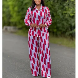 African Fashion Stripe Printed Two Piece Set Women Spring Autumn Casual Button Long Sleeved Shirt Wide Leg Pants Set