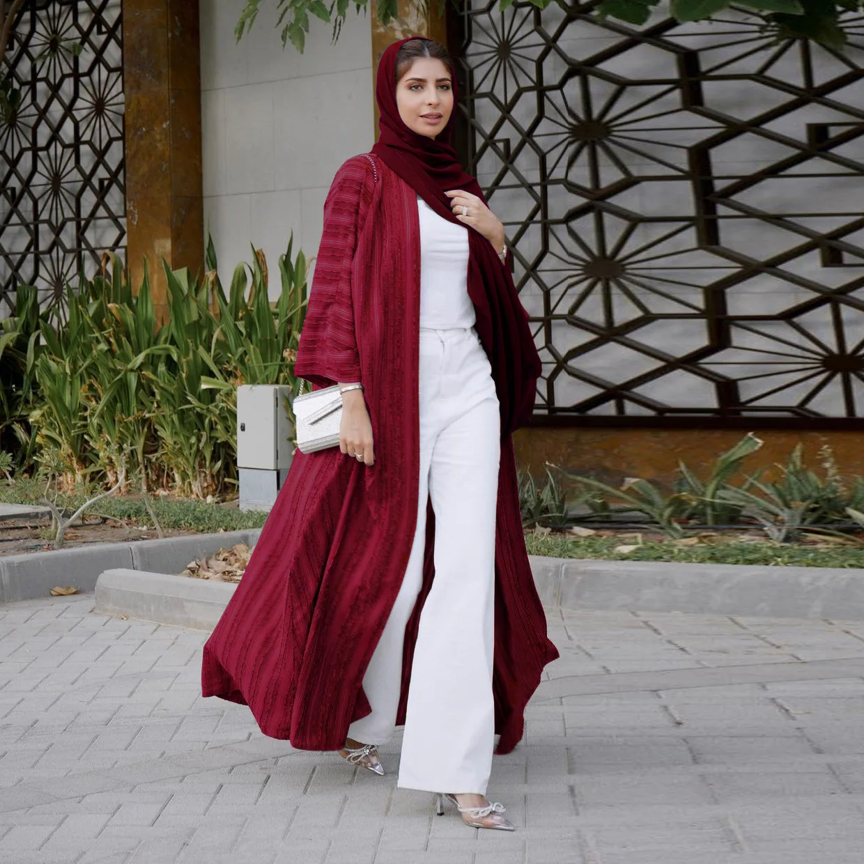 

New Arrival Dubai Ramadan Fashion Clothing Long Open Style Folding Cuff Stripe Fabric Muslim Femmes Pour Abaya