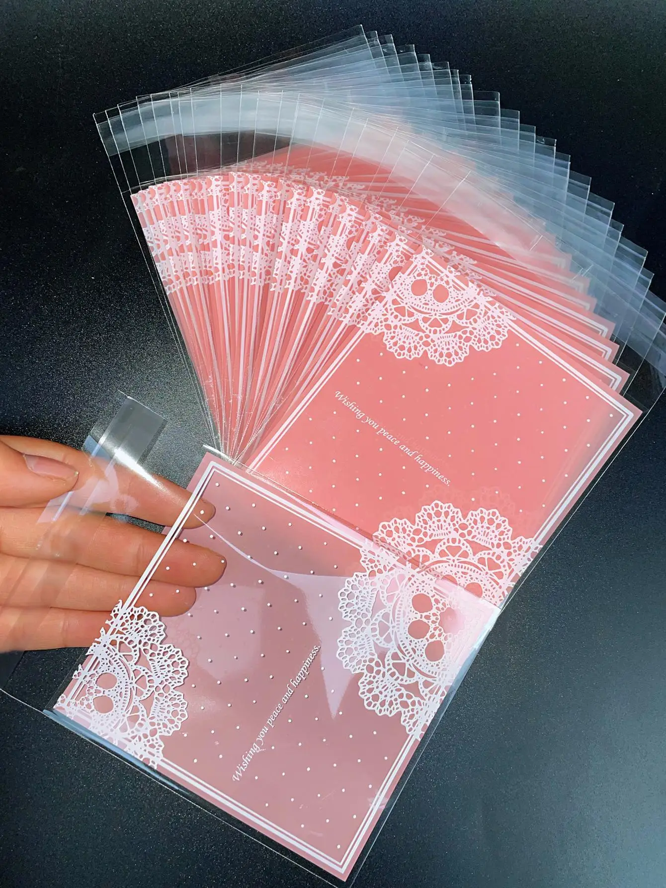 100pcs Pink Lace Printing Opp Self-sealing Bags, Small Gift Bags, Party Event Holiday Gifts Candy Decorative Bags