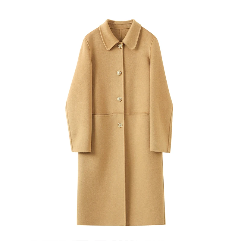 WinvyNee Zimowe Długie Płaszcze Damskie z Wełny z Kieszeniami Jednostronne Szare Wełniane Płaszcze Modne Eleganckie Płaszcze Zapinane na Guziki H1643007