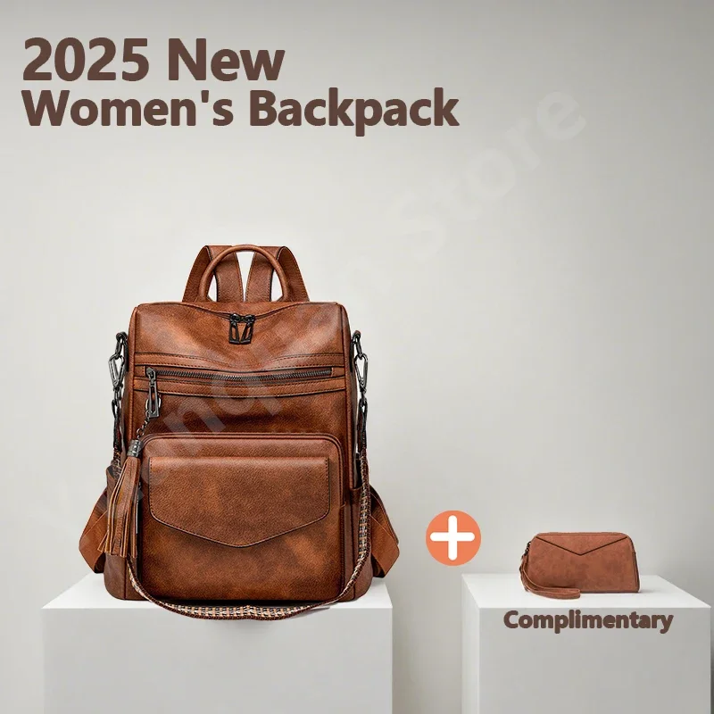 2026 Women's PU Leather Waterproof Anti-Theft Large Retro College Travel Backpack Shoulder Bag with Tassel Detail