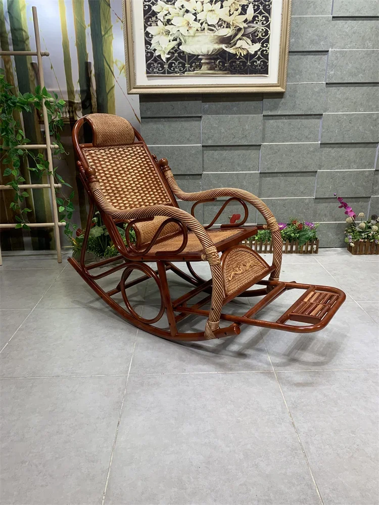 Natural rattan chair Xiaoyao chair old-fashioned pure Teng braided rocking chair household elderly Chinese solid wood