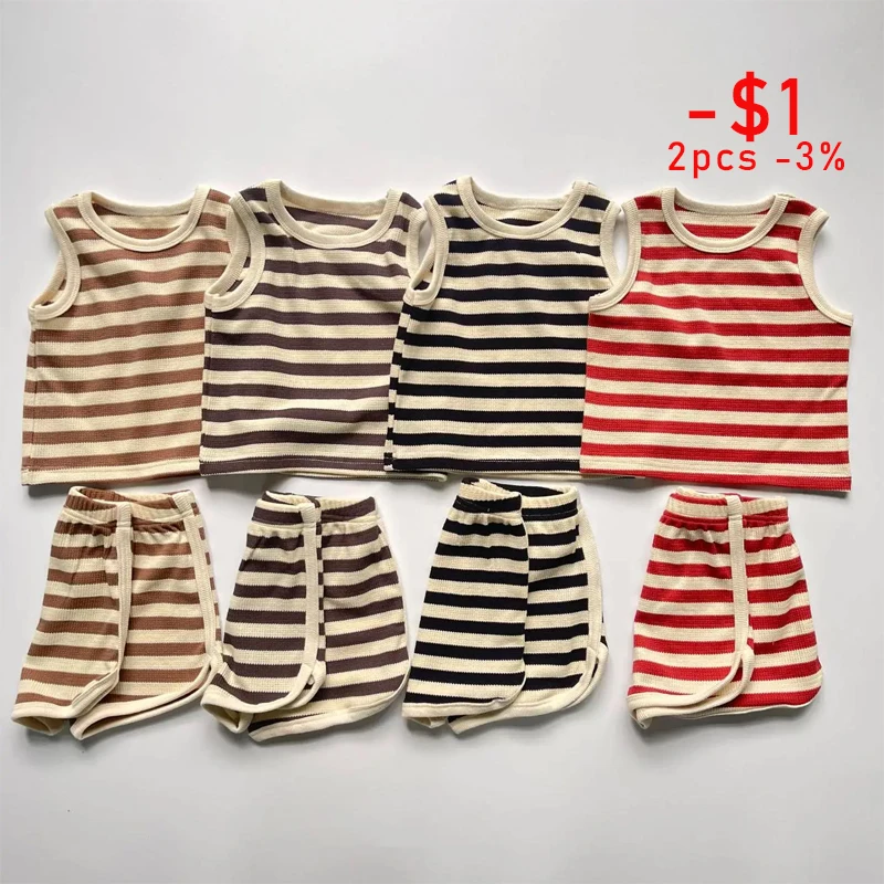 Summer Boy Girl Children Waffle Striped Sleeveless Tops + Shorts 2pcs Baby Cotton Loose Thin Vest Suit Kid Casual T-shirt Set